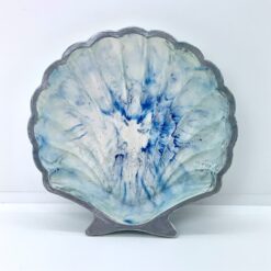 Muslingeskål - hvid med blå marmorering + sølvglimmer og malede sølvkanter