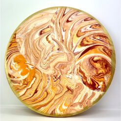 Stor rund platte - hvid med orange og lilla marmorering og guldstøv