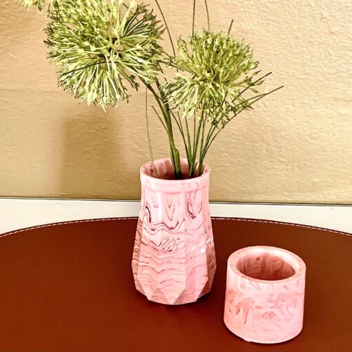 Vase med bredt mønster - rosa med hvid og terrakotta marmorering og guldglimmer5