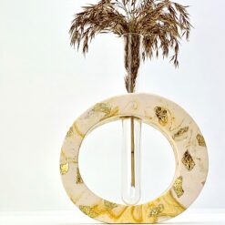 Vase med reagensglas - hvid med sandfarvet marmorering og guldflager