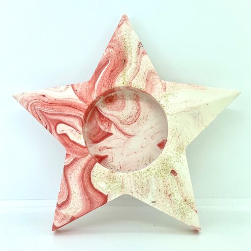 Stor stjernelysestage - hvid med pink marmorering og guldglimmer