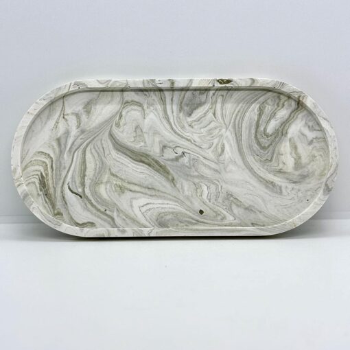 Stor oval bakke - hvid med olivengrønne marmoreringer